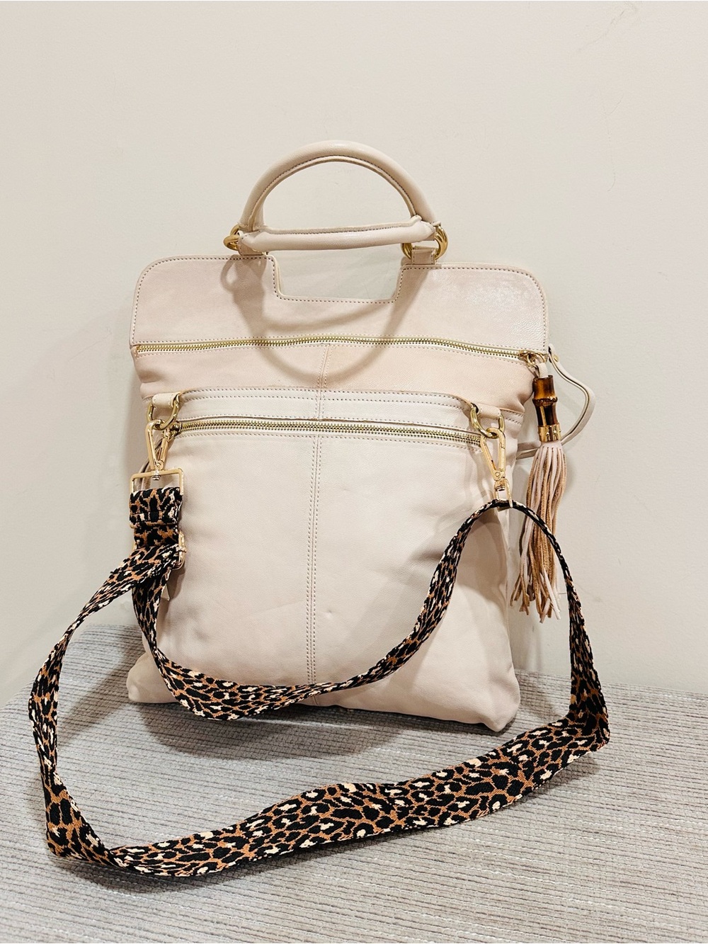 Sorial New York Leather Convertible Backpack Tote Bag Ivory Bamboo Leopard Cream - Picture 7 of 15
